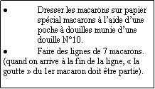 Zone de Texte: Dresser les macarons sur papier spécial macarons à l’aide d’une poche à douilles munie d’une douille N°10.Faire des lignes de 7 macarons.(quand on arrive à la fin de la ligne, « la goutte » du 1er macaron doit être partie).