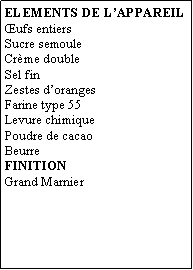 Zone de Texte: ELEMENTS DE L’APPAREILŒufs entiersSucre semouleCrème doubleSel finZestes d’orangesFarine type 55Levure chimiquePoudre de cacaoBeurreFINITIONGrand Marnier