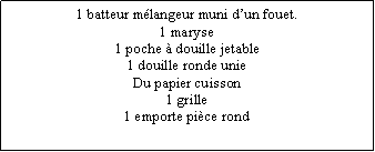 Zone de Texte: 1 batteur mélangeur muni d’un fouet.1 maryse1 poche à douille jetable1 douille ronde unieDu papier cuisson1 grille1 emporte pièce rond