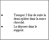 Zone de Texte: Tremper 3 fois de suite la demi sphère dans la sauce chocolat.La déposer dans le support.