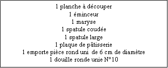 Zone de Texte: 1 planche à découper1 éminceur1 maryse1 spatule coudée1 spatule large1 plaque de pâtisserie1 emporte pièce rond uni  de 6 cm de diamètre1 douille ronde unie N°10
