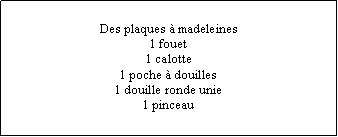 Zone de Texte: Des plaques à madeleines 1 fouet1 calotte1 poche à douilles1 douille ronde unie1 pinceau
