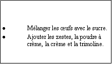 Zone de Texte: Mélanger les œufs avec le sucre.Ajouter les zestes, la poudre à crème, la crème et la trimoline.